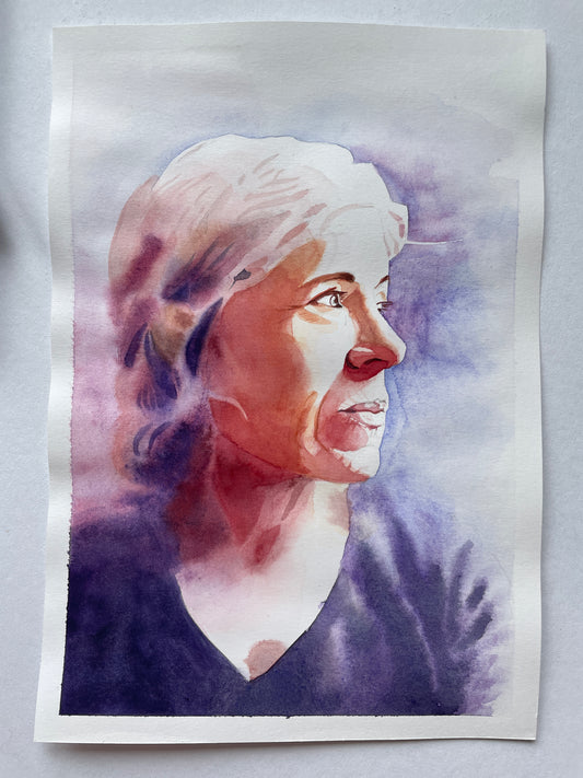 Original Aquarell Portrait einer Dame in Violett