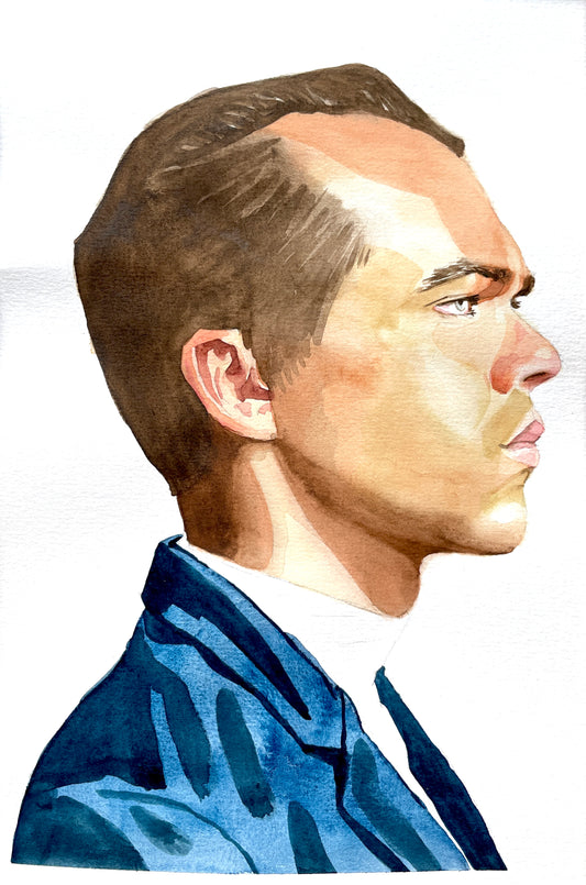 Original Aquarell Portrait Mann in blau