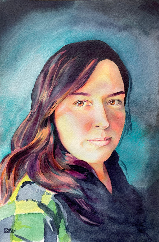 Original Aquarell Portrait Frau in Regenbogen Farben