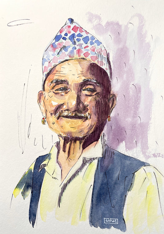 Original Aquarell Portrait Nepalese mit Hut